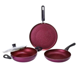 Wonderchef Bandhan Non-Stick Cookware 4 Pc. Set | Fry Pan, Dosa Tawa, Kadhai with Glass Lid | Healthy, Low Oil Meals | Scratch-Resistant | Gas & Induction Compatible | Easy to Clean