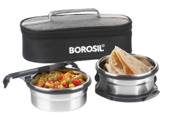 Borosil Feast Stainless Steel Lunch Box with Carry Bag, Set of 2 (400 ml Each), Lunch Boxes for Office, School & College, Vertical