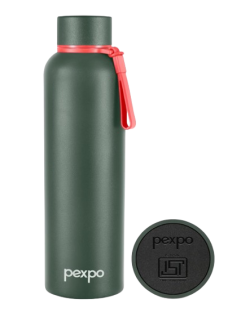 Pexpo Bravo 1000 Stainless Steel Water Bottle 980ml | Hot and Cold Flask | ISI Certified Steel Bottle | Triple Wall Insulation | Leakproof | for Home, Office | 1-Year Warranty | Military Green