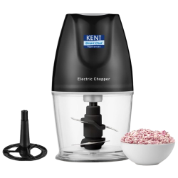 KENT Electric Chopper-B for Kitchen 250 Watt | Chop, Mince, Puree, Whisk, 400 ml Capacity | Stainless Steel Double Chopping Blades | Transparent Chopping Bowl | Anti-Skid | One Touch Operation | Black