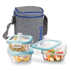 Treo by Milton All Fresh Square Glass Lunch Box Set of 3, Clear, 320ml Each, with Lunch Bag, Microwave & Dishwasher Safe, Leak Proof Containers, Borosilicate Glass, Office Tiffin, Grey