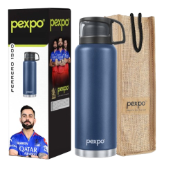 Pexpo Fererro 1500ml Stainless Steel Flask | Triple Wall Vacuum Insulated Hot & Cold Bottle | ISI Certified | Cup Designed Cap | for Office, Gym & Travel with Jute Bag - Denim Blue