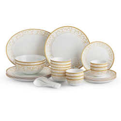 Cello Opalware Divine Series Royal Amber Gold 33 Pcs Dinner Set Serving for 6 |Daily Use Opal Glass Crockery Set |Microwave & Dishwasher Safe |Bone Ash-Free, Chip-Resistant | White