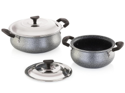 Nirlon  Gas Stove & Induction Compatible Aluminum Hammed Black Pearl Handi Combo Set (1.5 and 2.5Lt)