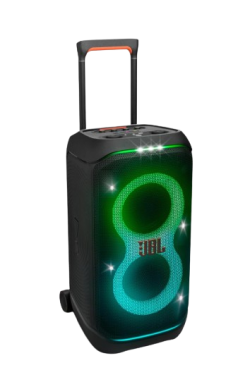 JBL Partybox 320, Portable Bluetooth 240W Party Speaker, AI Sound Boost, Futuristic Light Show, Multispeaker Connection by Auracast, Telescopic Handle & Wheels, Dual Guitar & Mic Inputs (Black)