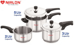 Nirlon Sandwich Bottom Outer Lid Stainless Steel Flat Lid Pressure Cooker 3Pc (2+3+5Lt)