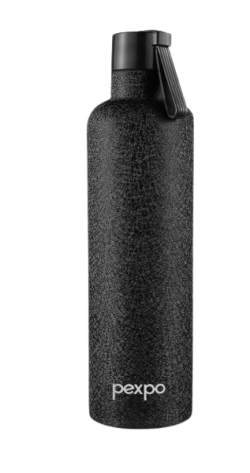 Pexpo Oslo 1000 ISI Certified Stainless Steel Vacuum Insulated Flask - 980ml | Double Wall Water Bottle | Hot & Cold | Carry Strap | Men and Women | Office, Home and Gym | RCB Edition - Black