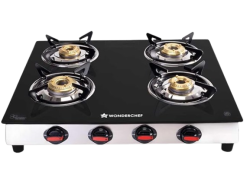 Wonderchef Galaxy 4 Burner Cooktop | 2 Medium, 2 Small Wide Spaced Burners | Highly Efficient Tri-pin Brass Burners | Precise Flame Control | BIS Approved 6mm Toughened Glass Top | 2 Year Warranty