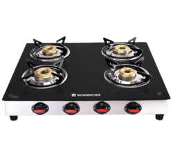 Wonderchef Galaxy 4 Burner Cooktop | 2 Medium, 2 Small Wide Spaced Burners | Highly Efficient Tri-pin Brass Burners | Precise Flame Control | BIS Approved 6mm Toughened Glass Top | 2 Year Warranty