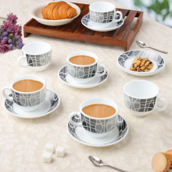 Larah by BOROSIL Sitara Opalware Cup and Saucer Set of 12 pcs | Tea/Coffee Cups 220 ml | Microwave & Dishwasher Safe | Bone-Ash Free | Crockery Set Ideal for Daily Use & Gifting, Whiten