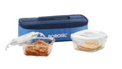 Borosil Prime Series Lunchbox with Bag | 2pc Square Container Set (320ml Each) | Made in India Borosilicate Glass Tiffin | Microwave & Dishwasher Safe Lunch Box for Office, College & School
