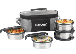 Borosil Feast Stainless Steel Lunch Box, Round x 4, 400 ML X 4