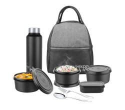 PEXPO Urban Stainless Steel Lunch Box for Men and Women, with 3 Containers (350ml Each), Water Bottle (500ml), Pickle Box, Spoon and Fork | Leak Proof, BPA-Free Tiffin Box for Office | Grey & Black