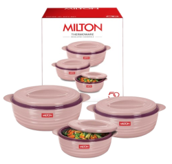 MILTON Aspire Jr. Set of 3 Serving Casserole Double Walled Inner Stainless Steel, (500 ml, 1000 ml,1500 ml), PU Insulated Kitchen Hot Pot, Keeps Food hot & Fresh for Roti, Biryani, Cherry Pink
