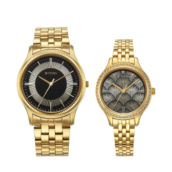 Titan Bandhan Quartz Analog Champagne Dial Gold Stainless Steel Strap Couple Watch - His & Hers Set