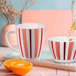 Larah by Borosil White & Red Bowl & Mug Set | 2-Piece Opalware | Microwave & Dishwasher Safe