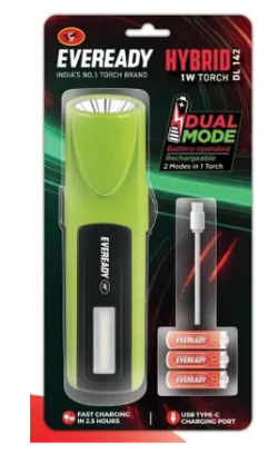 Eveready DL 142 HYBRID 1W Torch | India's 1st Dual-Power (AA & Li-ion) | USB-C Fast Charging