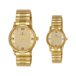 Titan Bandhan Quartz Analog Couple Watch | Champagne Dial | Gold Metal Strap | His & Hers