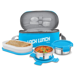 MILTON Lock Lunch | 2 Stainless Steel + 1 Plastic Oval Container | Secure Lock System | Leak Proof | BPA Free