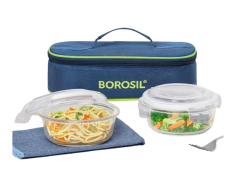 Borosil Blue Glass Lunchbox, Round x 2 (Flat), 400 ML x 2