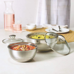 Borosil Servefresh Stainless Steel Insulated 500 ML + 900 ML Curry Server with Glass Lid | Silver | Set of 2 Pcs