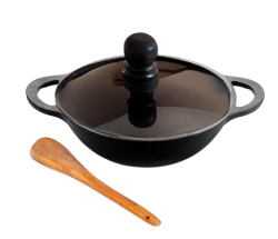 Lifelong Cast Iron Kadhai 24cm with Glass Lid & Wooden Spatula | 3.3L, 2.4kg | Pre-Seasoned, Even Heat Distribution, Toxin & Teflon Free, Non-Stick, & Durable | Perfect for Cooking, Searing & Stewing