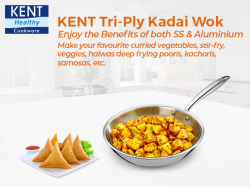 KENT Triply Wok SS Lid – 22cm -Triple Layered Stainless Steel & Aluminium Wok -Induction Compatible